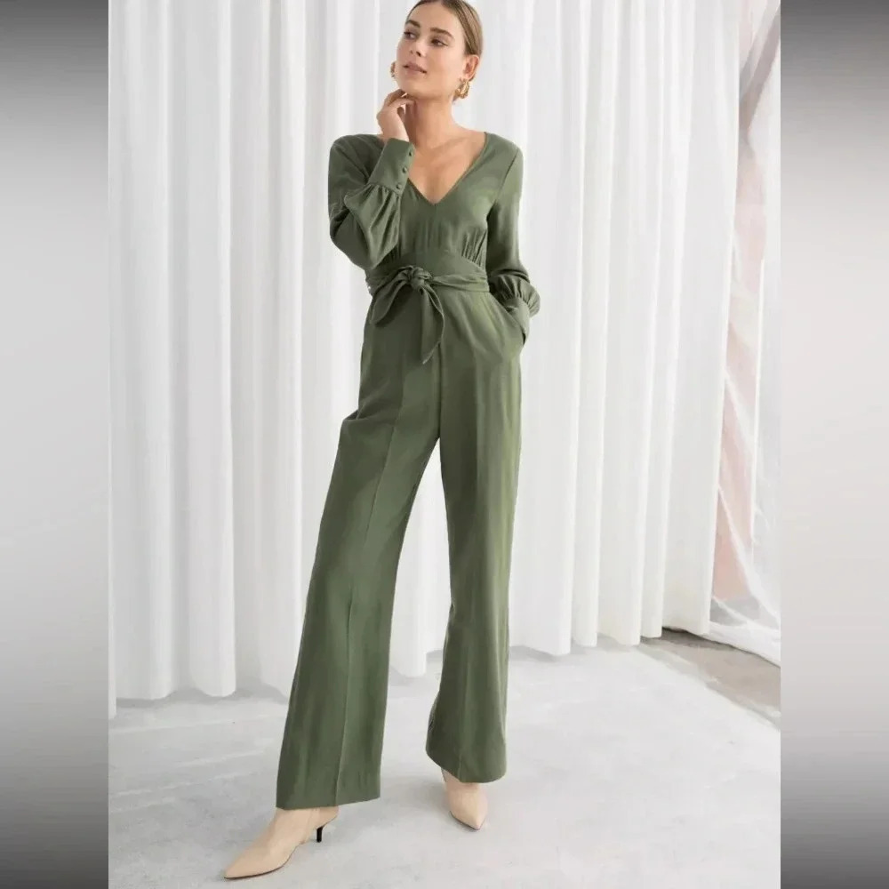 & Other Stories Olive Green V-Neck Long Sleeve Jumpsuit